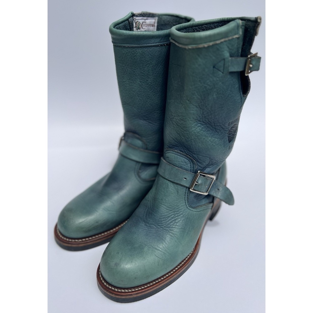 Ultra Rare Vintage CHIPPEWA Ocean Blue Leather Engineer Boots USA Made M9 W10.5